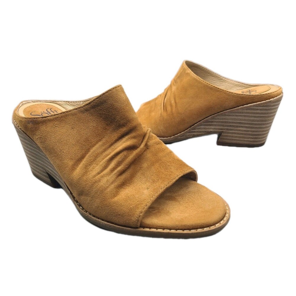 Sofft Strathmore Women Slide Sandals sz 8 Tan Leather Suede Wedge Heel Open Toe